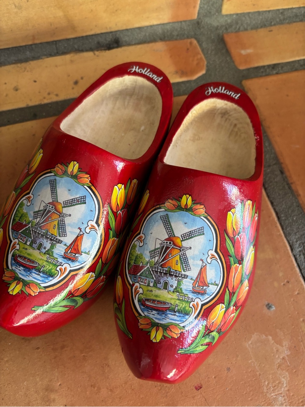 Red Kids Wooden Clogs with Tulip and Windmill Design from Holland